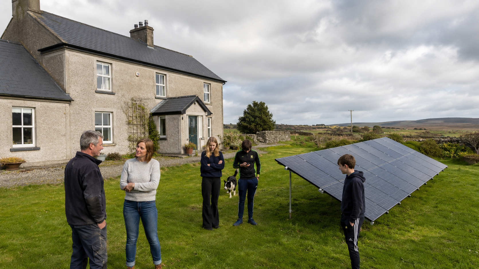 Seán and Niamh's rural home in west Clare with a tree-system ground mount in the garden.