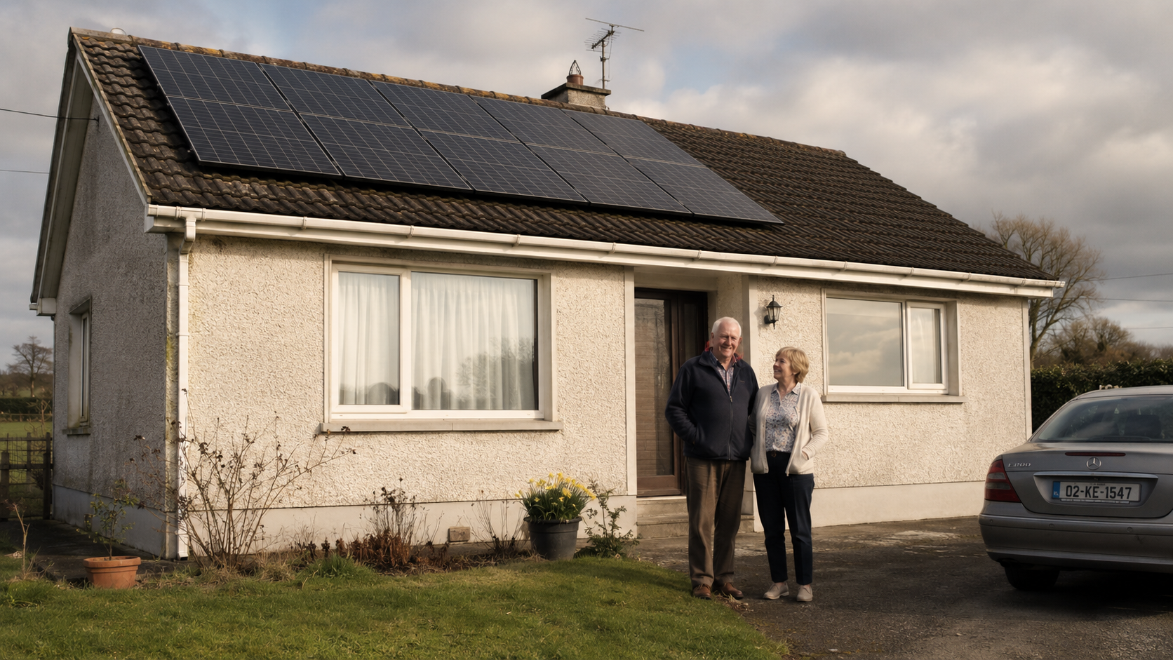 Pádraig and Eileen's bungalow in Kilkenny with solar panels on the south-facing roof.